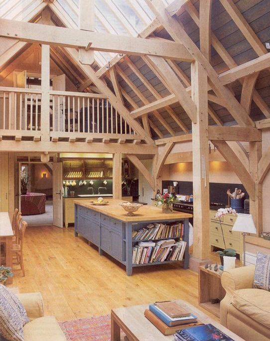 light-colored wood for beams, wall, floors, ceiling and even furniture is traditional for barns