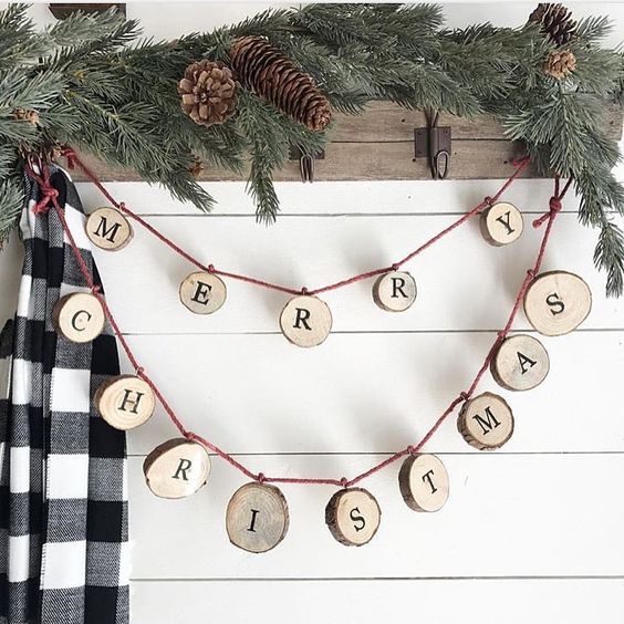 a wood slice letter garland can decorate any space, from an entryway to a living room