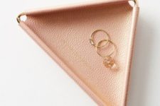 27 a triangle blush leather trinket dish with brass metal is a chic idea for any girl’s space