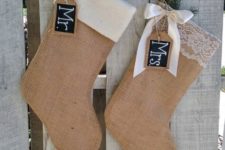 27 burlap stockings with felt and lace, with chalkboard tags and evergreens