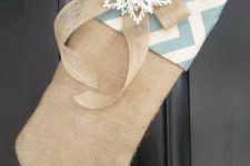 28 a burlap stocking with chevron decor, a snowflake and a burlap bow for front door or mantel decor
