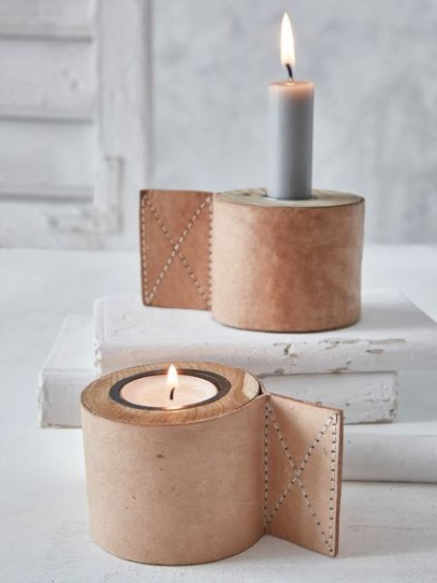 leather candle holder covers are great for industrial interiors