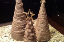 30 tabletop burlap and twine Christmas trees with beads, glitter stars for holiday decor
