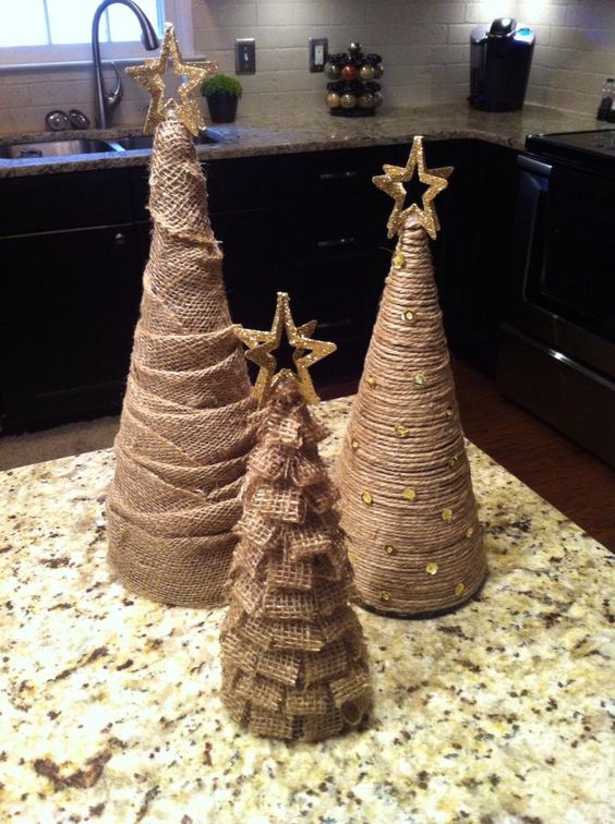 Tabletop burlap and twine Christmas trees with beads, glitter stars for holiday decor
