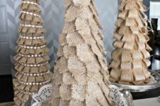 31 tabletop burlap Christmas cone trees with rhinestones and petals
