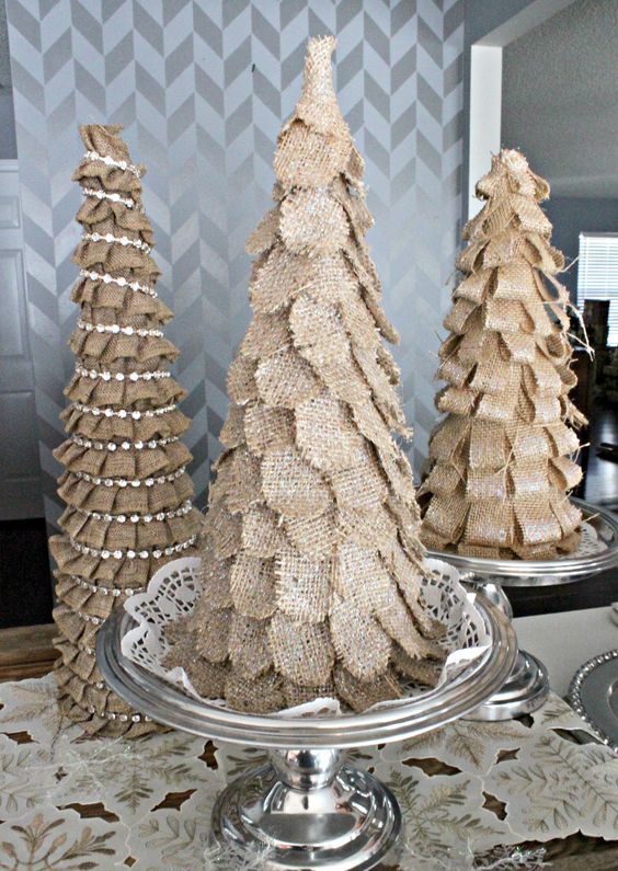 Tabletop burlap Christmas cone trees with rhinestones and petals