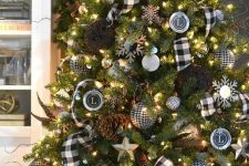 a beautiful Christmas tree with buffalo check ribbons, matching ornaments, yarn balls, pinecones, monograms, snowflakes and lights
