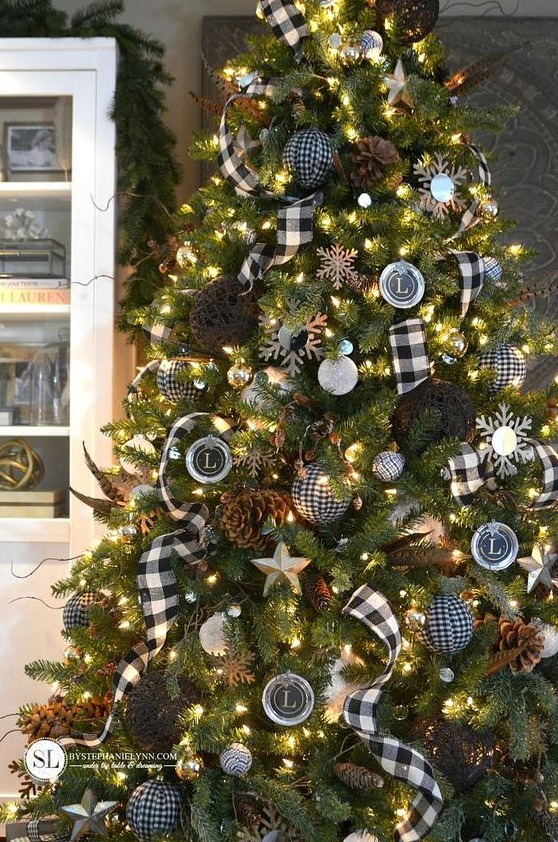 a beautiful Christmas tree with buffalo check ribbons, matching ornaments, yarn balls, pinecones, monograms, snowflakes and lights