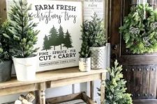 rustic Christmas entryway decor with lots of Christmas trees in buckets, vintage artworks, crates and baskets with firewood