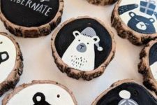 stylish modern black, grey and white Christmas wood slice ornaments with letters and bears look bold and chic