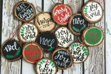 traditional black, red, green and white calligraphy wood slice ornaments for Christmas