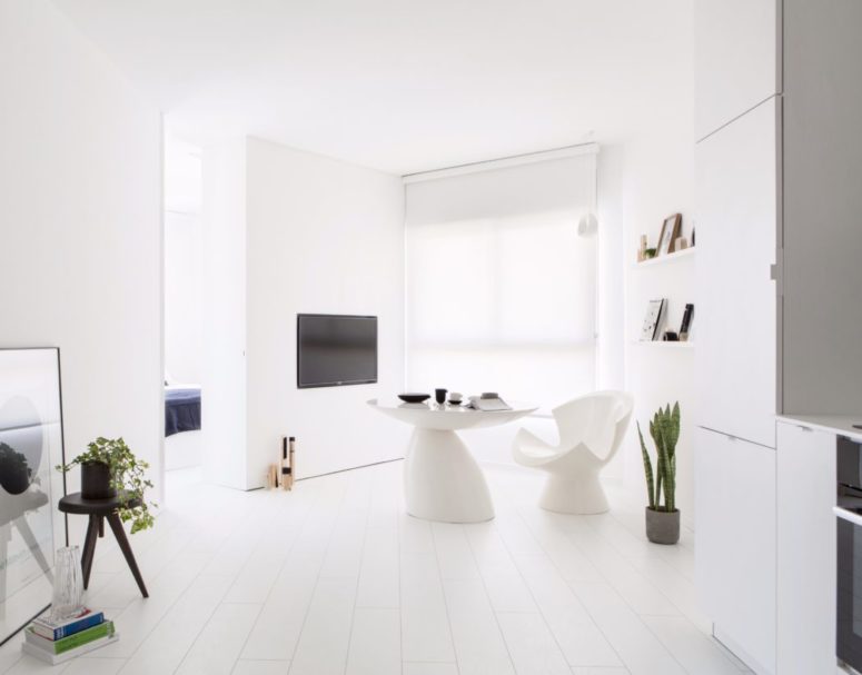 This small all white apartment is done in minimalist style and features everything necessary for the owners