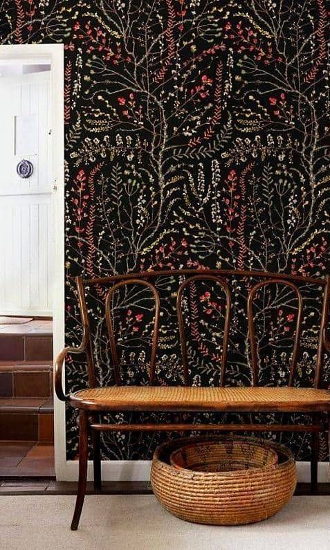 black wallpaper with botanical prints will make your entryway special and eye-catchy