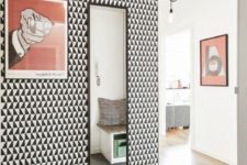 07 go for black and white geo print wallpaper for a mid-century modern space