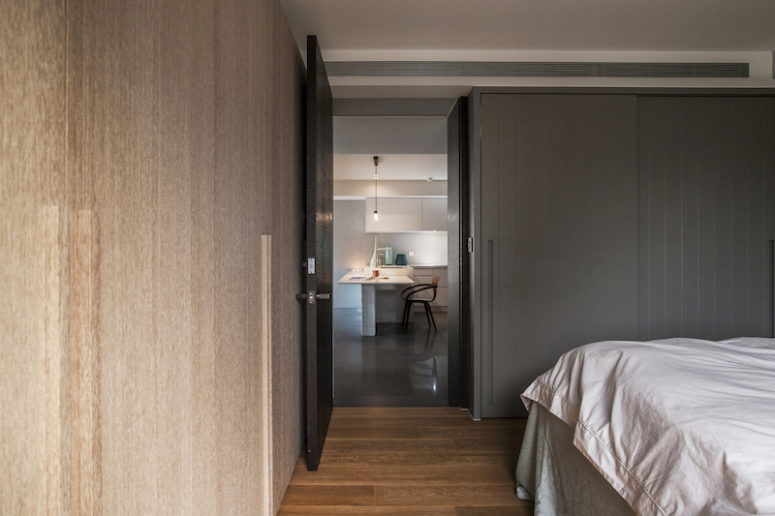 The bedroom is separated from the layout, which makes it more intimate and cozy