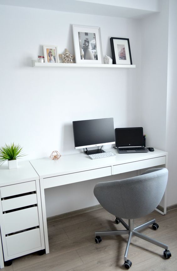 a clean and minimalist working space with Micke desk and a drawer unit