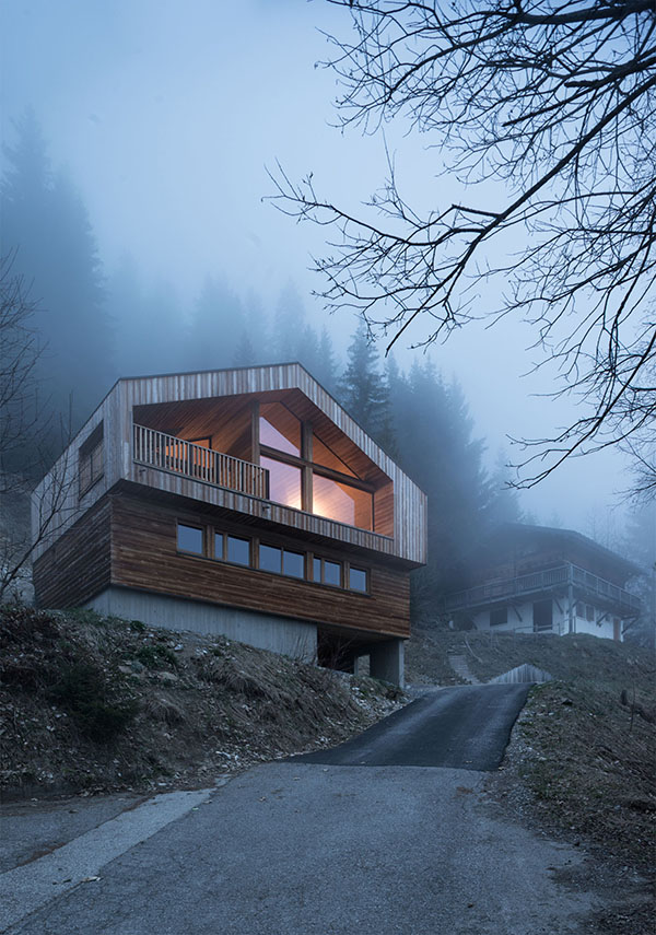 The exterior of the chalet is restricted and imitates traditional mountain homes