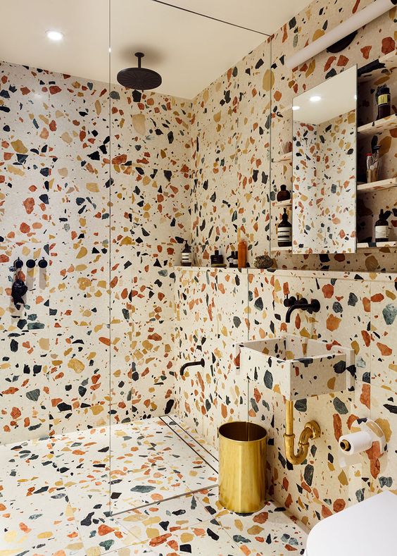 if you want a super bold bathroom, go for a colorful terrazzo all over the space