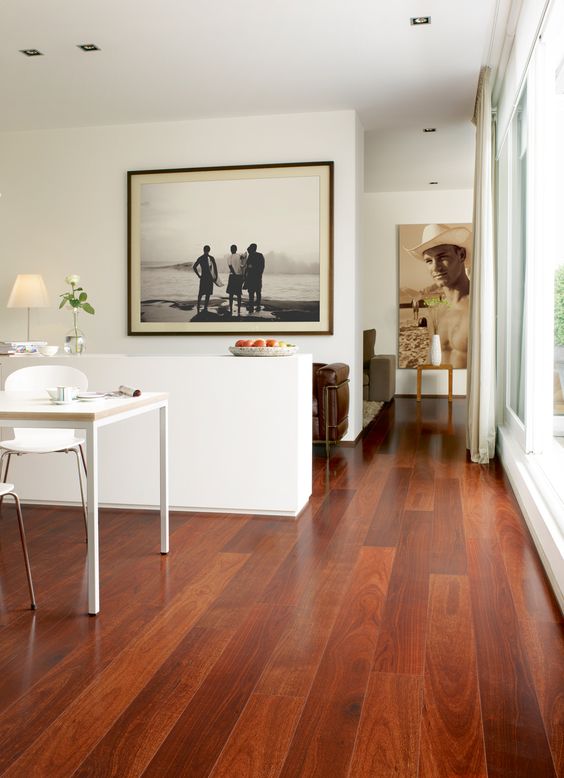 redwood inspired laminate makes a bold statement in this neutral space
