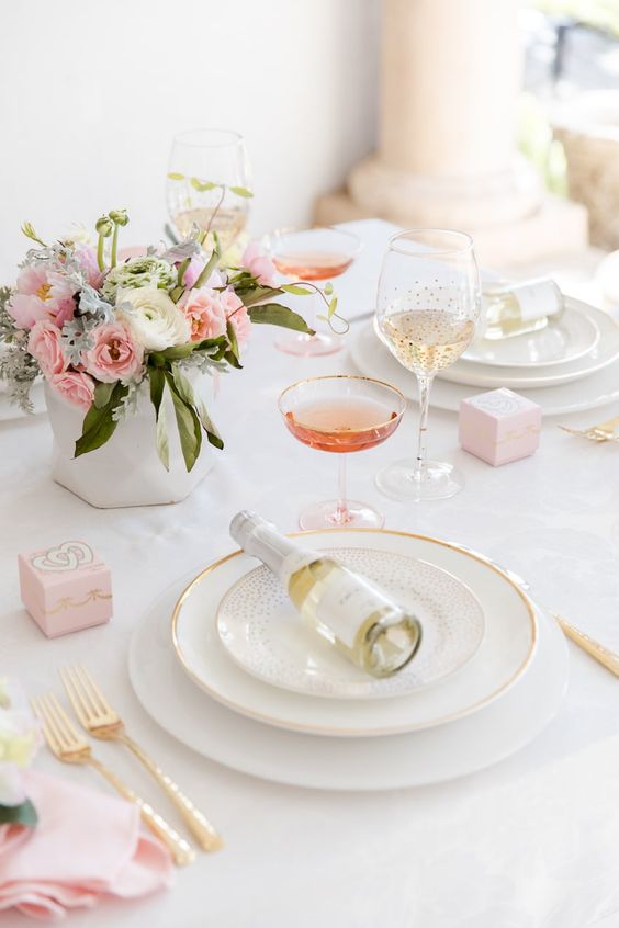 subtle table setting with blush and gold touches for an exciting lunch