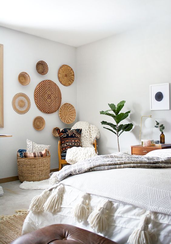 wall baskets are a great idea to add a rustic or boho touch to your bedroom