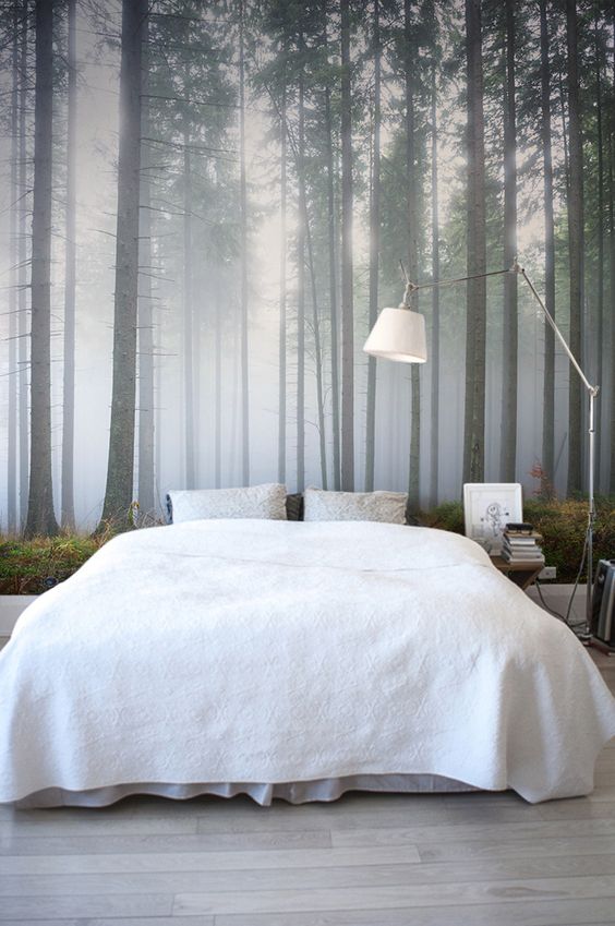 a foggy forest wall mural is a great idea to add a natural touch to your space