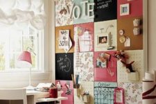 16 a large pinboard covered with various types of fabric to create a bold and eclectic look