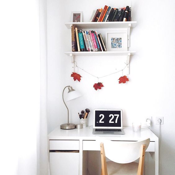 a simple workspace with a Micke desk and a wall shelf over it can be placed anywhere