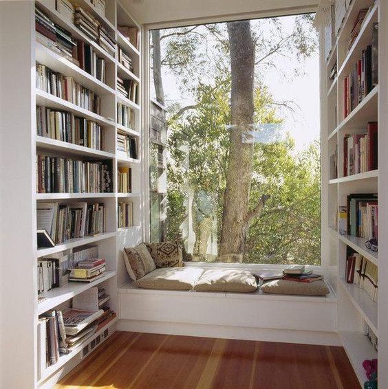 add a couple of pillows and cushions to a library windowsill and you'll get a cool reading nook