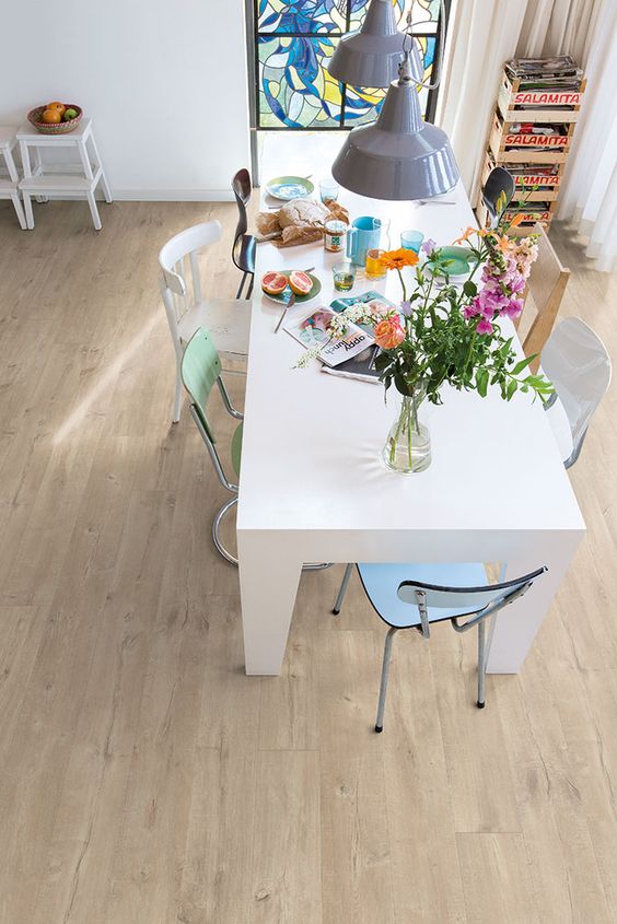 laminate may release some VOCs, so it's not th ebest idea for an eating space or a kids' room