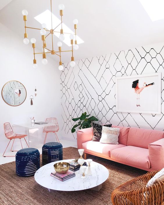 a glam girlish space with a cool graphic wallpaper wall