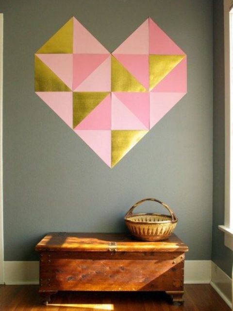 a large paper geometric heart in pink, blush and gold is an easy project