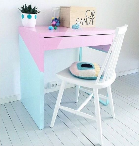 a pastel geometric Micke desk hack as a workspace, a study space for kids or a craft desk