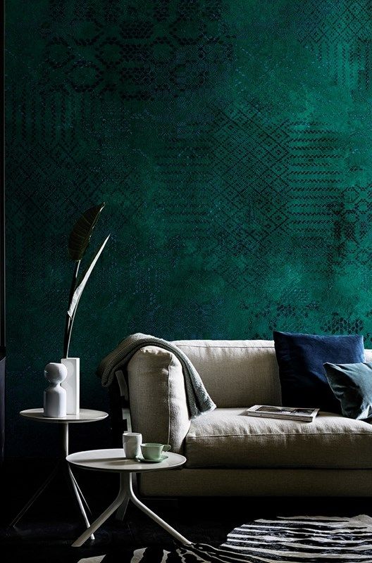 bold emerald wallpaper on one accent wall is a gorgeous idea to add jewel tones