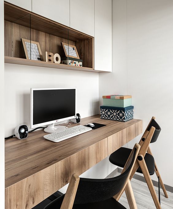 a floating thick desk with drawers is a great idea for a comfy modern home office