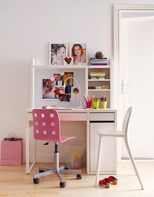 a cool study space with a Micke desk, a storage unit and a couple of stools is ideal for a kid