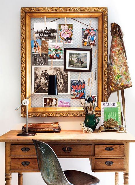 A creative pinboard of chicken wire and a chic refined frame can be DIYed and it's veyr comfy in using