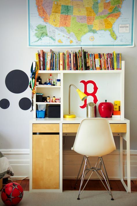 a cute study space with a Micke desk, a shelf unit on it and a drawer unit next to it plus some colorful touches