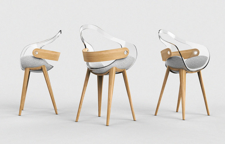 The Swan chair is a unique modern piece done of clear acryl, light colored wood and with an upholstered seat
