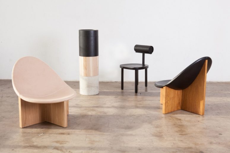 Leather, wood and metal are used for the furniture collection