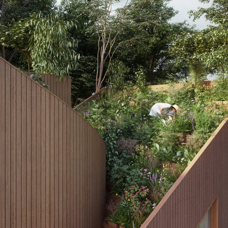 Two roofs surround the garden, channeling rainwater to the ground