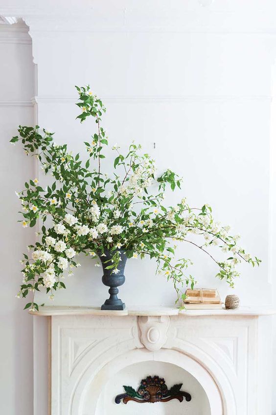 billowing branches of mock orange in an iron urn for beautiful and refined decor