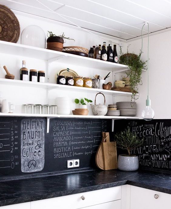 a black chalkboard backsplash and black marble countertops in a white kitchen