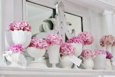 08 pink blooms in vases and jars of different look for a shabby chic spring mantel