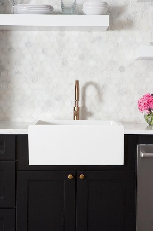 tiny hexagon marble tiles add to the simple famrhouse look