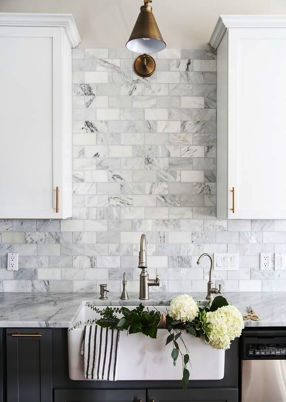subway grey marble tiles for sprucing up a white and grey kitchen