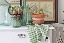 10 vintage botanical posters and spring bulbs in pots and glasses for a non-typical spring mantel