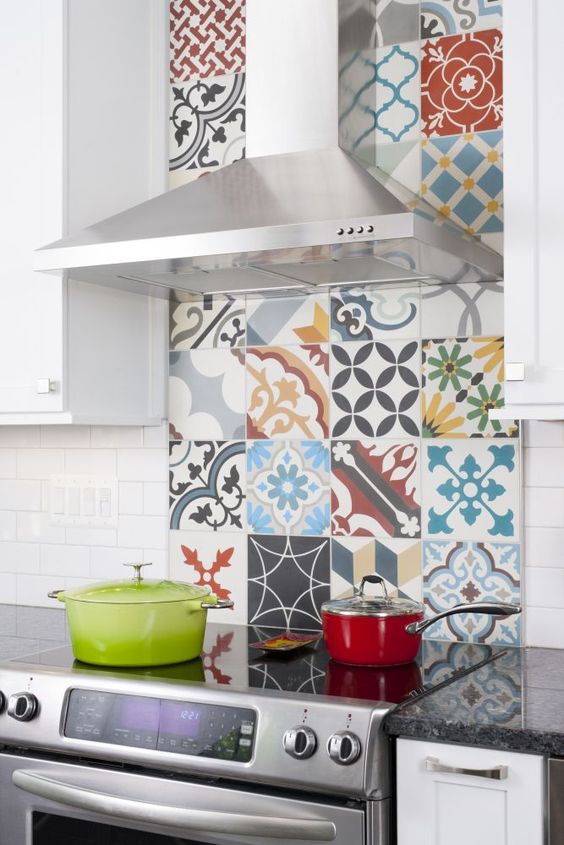 if you like bold colors, why not create a bold backsplash of colorful and patterned tiles