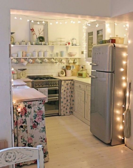 the kitchen entrance covered with string lights to accent it