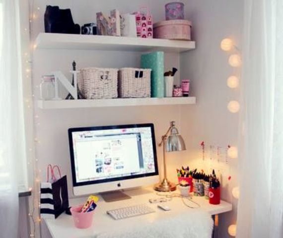 cheer up your tiny workspace with string lights on both sides to make it cozy
